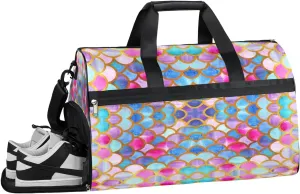Mermaid Scales Summer Sports Gym Bag with Wet Pocket & Shoes Compartment Waterproof Workout Duffel Bag for Women and Men Weekender Overnight Duffle Bag Travel Carry-on Tote
