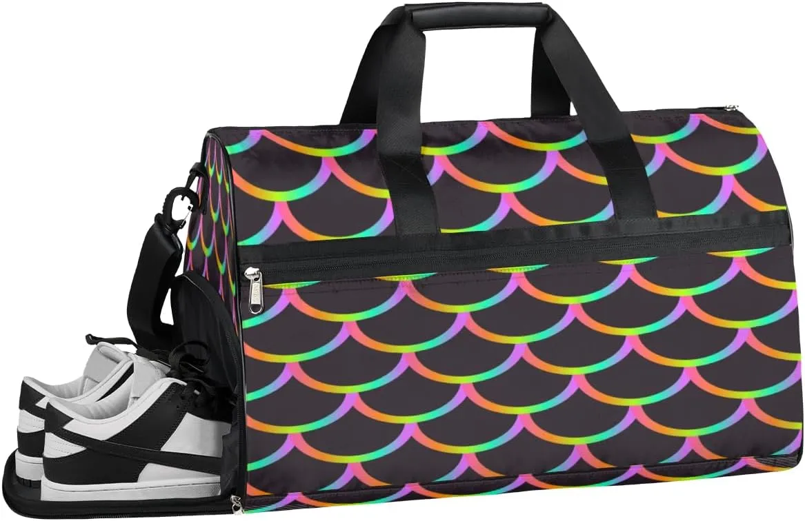 Mermaid Theme Sports Gym Bag with Wet Pocket & Shoes Compartment Waterproof Workout Duffel Bag for Women and Men Weekender Overnight Duffle Bag Travel Carry-on Tote