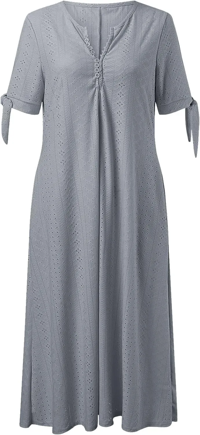 Midi Dresses for Women,Casual Short Sleeve Crewneck Shirt Dress Aline Swing Flowy Tiered Maxi Beach Long Dresses
