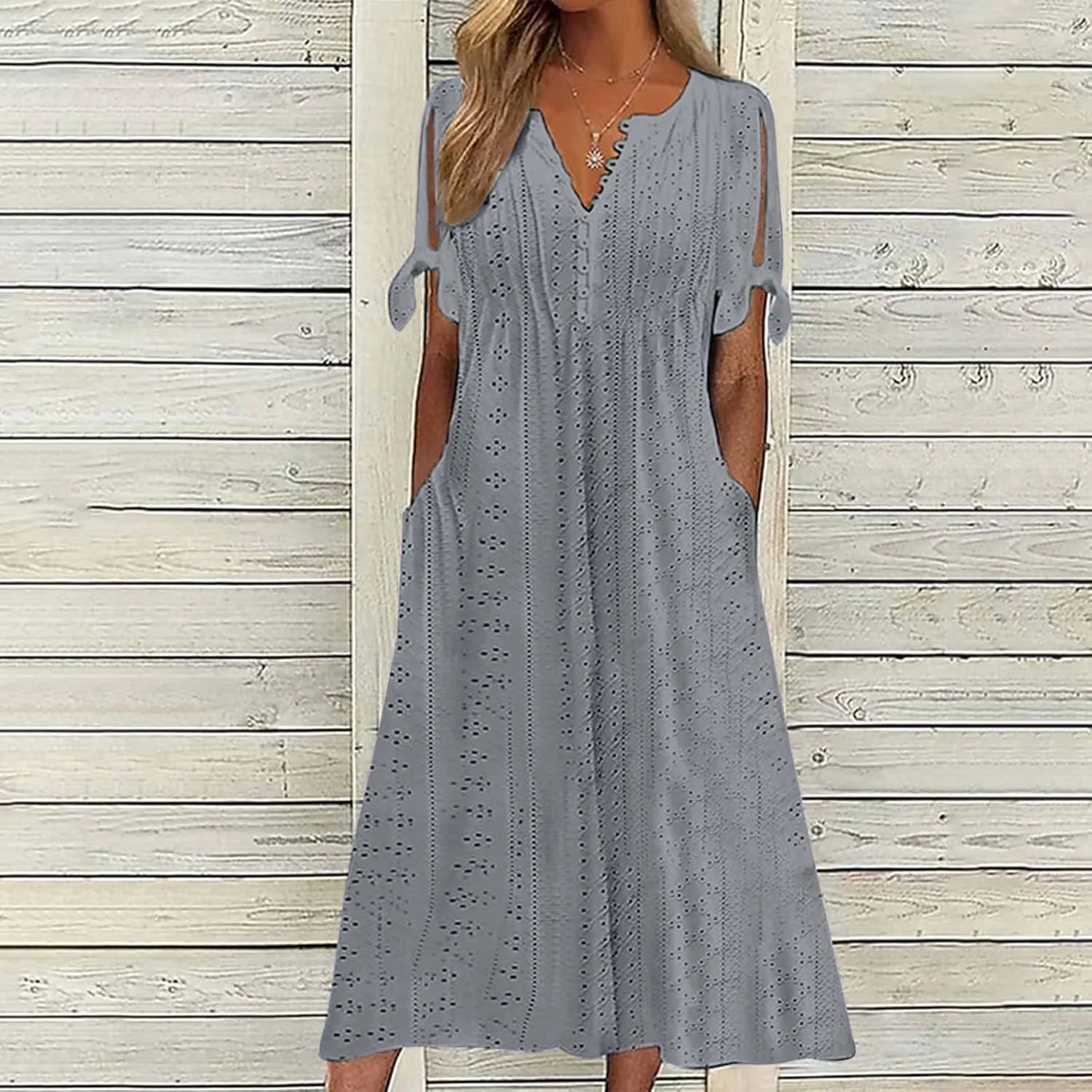 Midi Dresses for Women,Casual Short Sleeve Crewneck Shirt Dress Aline Swing Flowy Tiered Maxi Beach Long Dresses