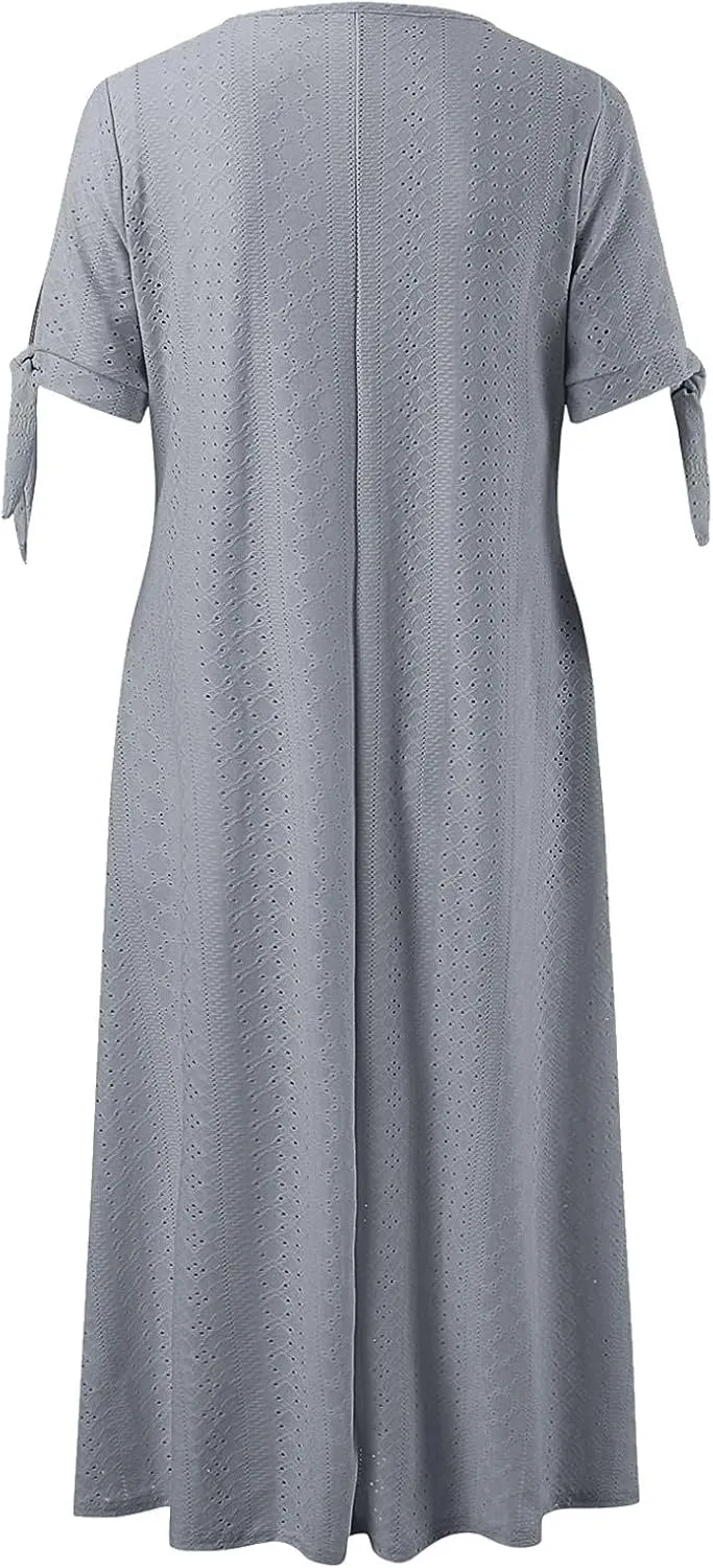 Midi Dresses for Women,Casual Short Sleeve Crewneck Shirt Dress Aline Swing Flowy Tiered Maxi Beach Long Dresses