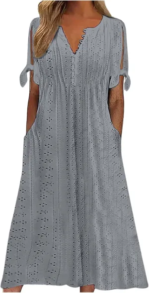 Midi Dresses for Women,Casual Short Sleeve Crewneck Shirt Dress Aline Swing Flowy Tiered Maxi Beach Long Dresses