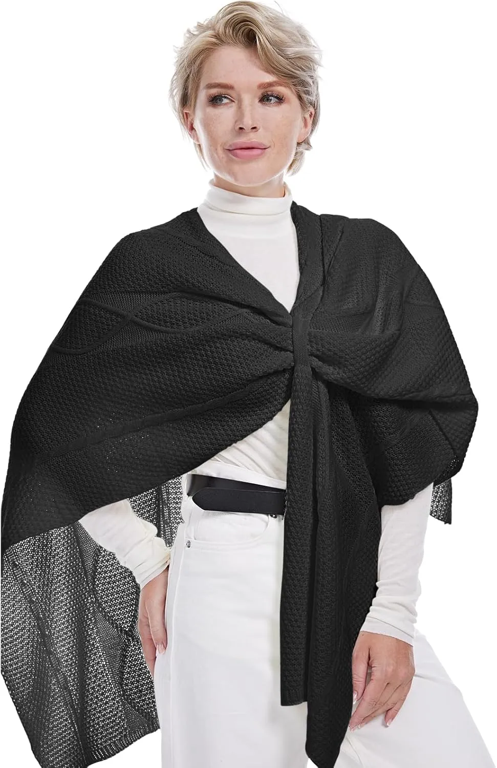 MissShorthair Women's Lightweight Knitted Shawl Thin Breathable Wrap for Outdoor Travel Spring, Poncho Daily Use, Office