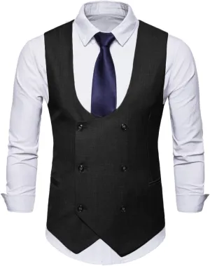 MllesReve Men's Slim Fit Waistcoat U Neck Double Breasted Suit Vest
