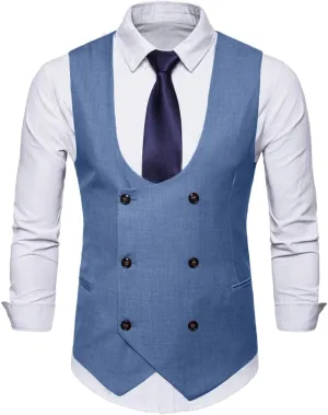 MllesReve Men's Slim Fit Waistcoat U Neck Double Breasted Suit Vest