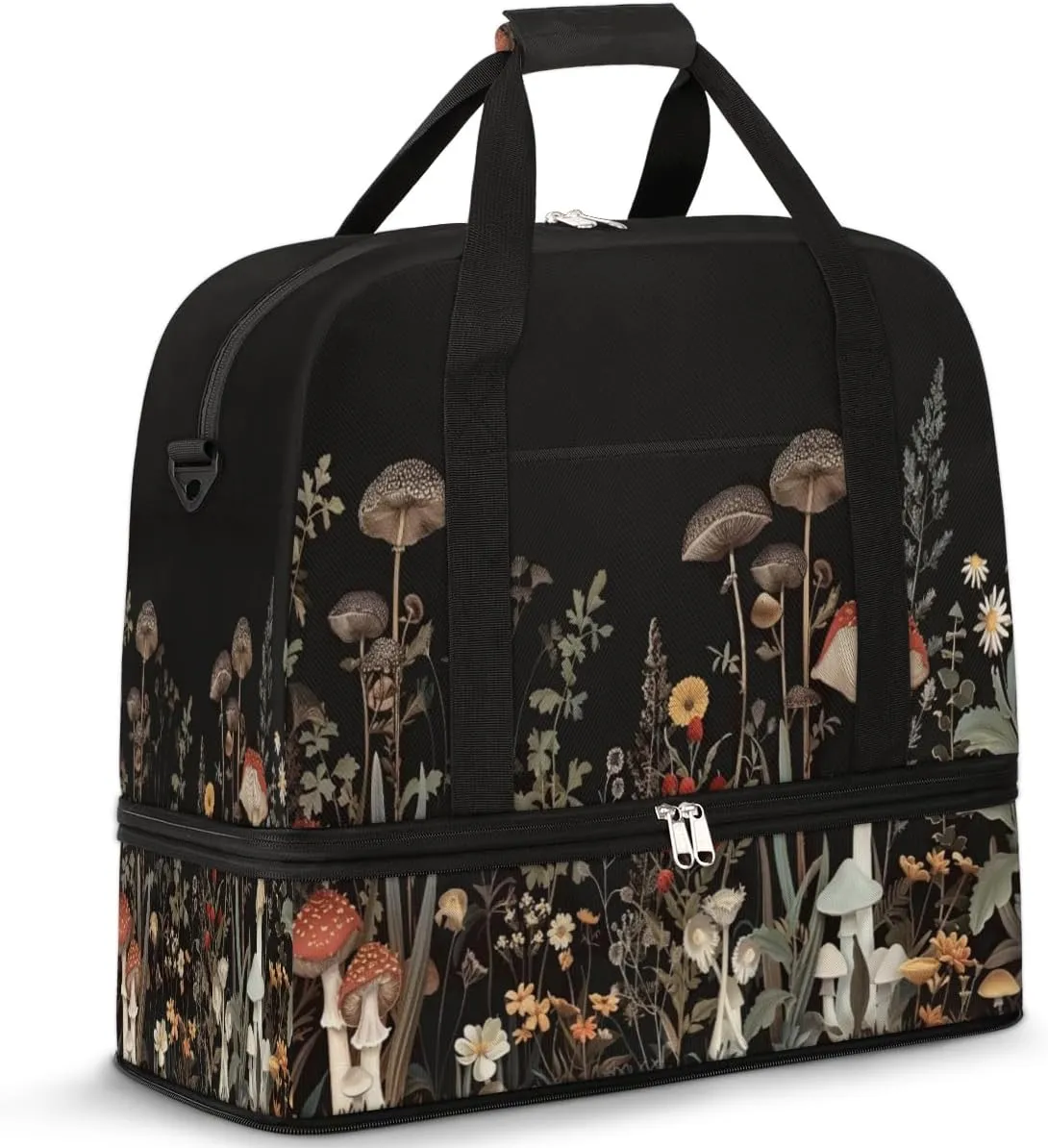 Mushroom Forest Travel Duffel Bag for Women Men, Plants Leaves Sports Gym Bag with Shoes Compartment Foldable Overnight Bag Weekender Tote Workout Carry On Luggage Bag