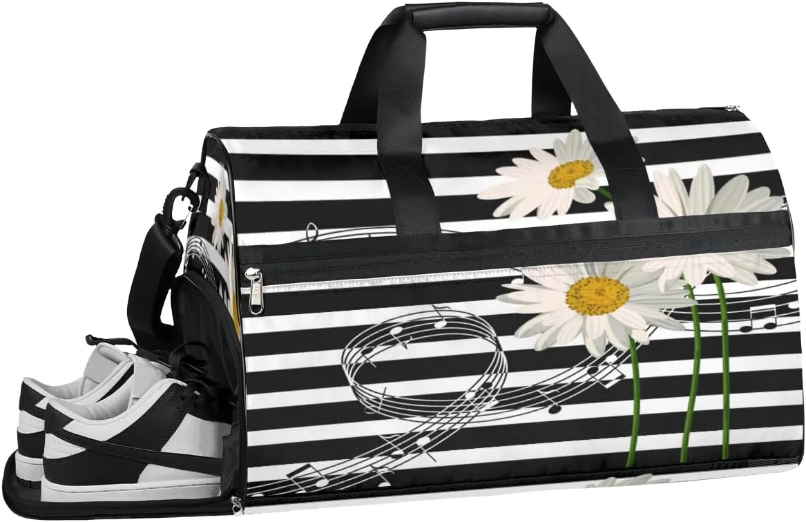 Music Daisies Sports Gym Bag with Wet Pocket & Shoes Compartment Waterproof Workout Duffel Bag for Women and Men Weekender Overnight Duffle Bag Travel Carry-on Tote