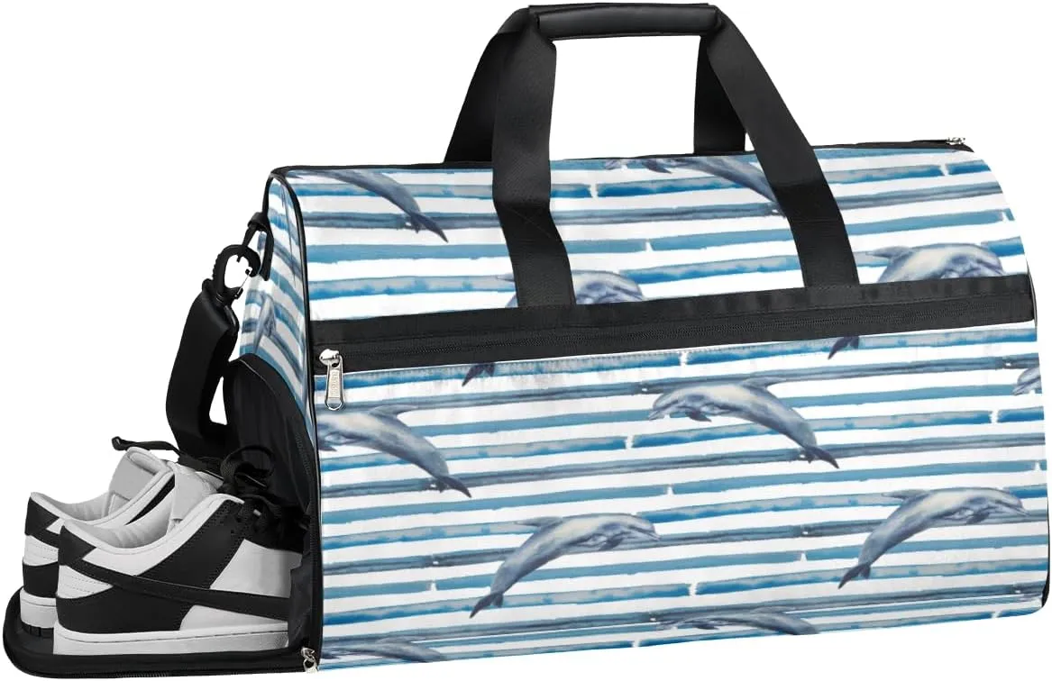 Ocean Dolphin Animal Sports Gym Bag with Wet Pocket & Shoes Compartment Waterproof Workout Duffel Bag for Women and Men Weekender Overnight Duffle Bag Travel Carry-on Tote
