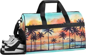 Ocean Palm Tree Sports Gym Bag with Wet Pocket & Shoes Compartment Waterproof Workout Duffel Bag for Women and Men Weekender Overnight Duffle Bag Travel Carry-on Tote