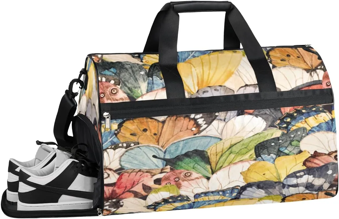 Oil Painting Butterfly Sports Gym Bag with Wet Pocket & Shoes Compartment Waterproof Workout Duffel Bag for Women and Men Weekender Overnight Duffle Bag Travel Carry-on Tote