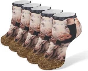 Pigs Piglets at Dinner Time 5 Pairs Low Cut Ankle Socks for Men Women Athletic Running Socks No Show Breathable