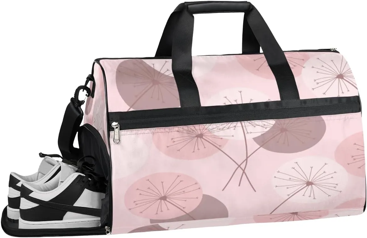 Pink Beautiful Dandelion Sports Gym Bag with Wet Pocket & Shoes Compartment Waterproof Workout Duffel Bag for Women and Men Weekender Overnight Duffle Bag Travel Carry-on Tote