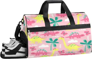 Pink Dinosaur Sports Gym Bag with Wet Pocket & Shoes Compartment Waterproof Workout Duffel Bag for Women and Men Weekender Overnight Duffle Bag Travel Carry-on Tote