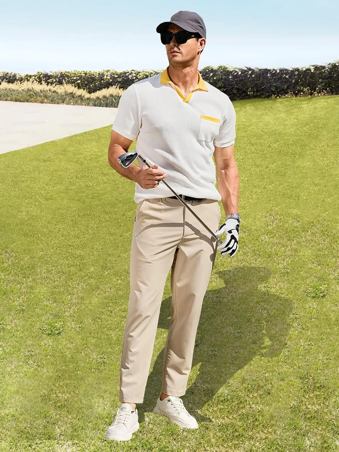 PLEPAN Men's Stretch Dress Pants Slim Fit Casual Suit Pants Expandable Waist Golf Pants