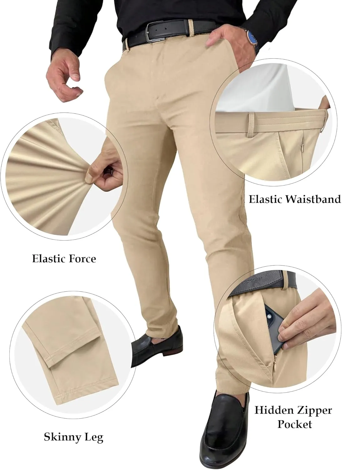 PLEPAN Men's Stretch Dress Pants Slim Fit Casual Suit Pants Expandable Waist Golf Pants