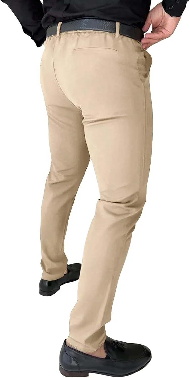 PLEPAN Men's Stretch Dress Pants Slim Fit Casual Suit Pants Expandable Waist Golf Pants