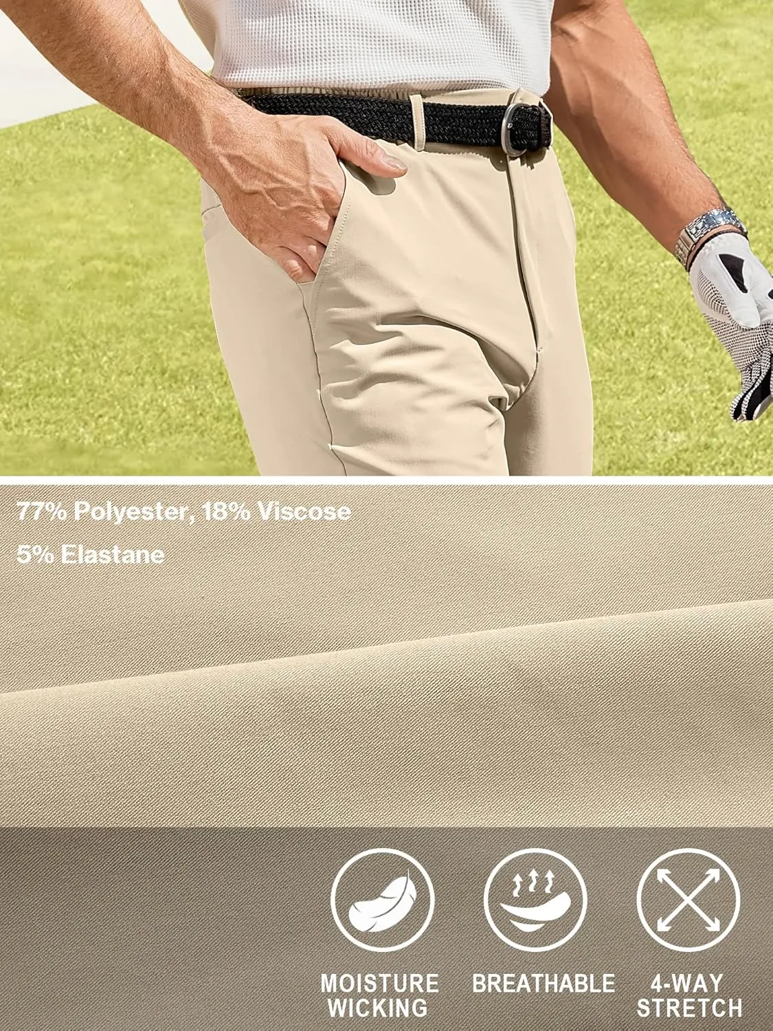 PLEPAN Men's Stretch Dress Pants Slim Fit Casual Suit Pants Expandable Waist Golf Pants