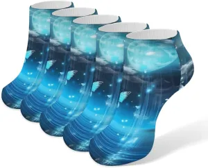 Psychedelic Teal Butterfly Full Moon 5 Pairs Low Cut Ankle Socks for Men Women Athletic Running Socks No Show Breathable