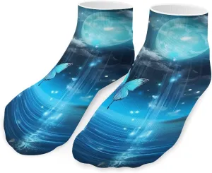 Psychedelic Teal Butterfly Full Moon Cute Ankle Socks 1 Pairs Low Cut No Show Sock Breathable Stocking for Men Women