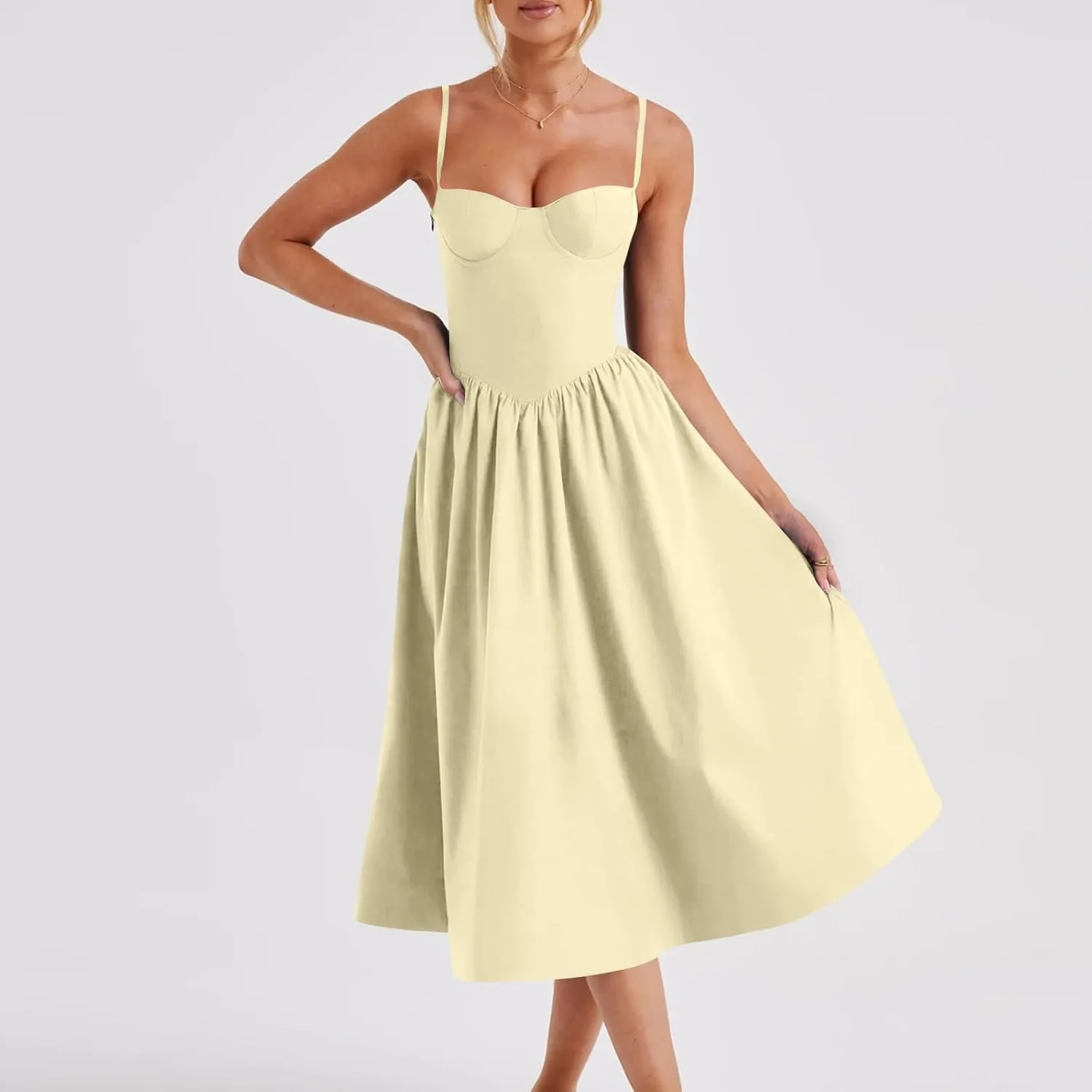 PTOLOCIF Corset Dress for Women Strap Bustier Midi Dresses Flowy Pleated Hem Corset Outdoor Dresses for Women