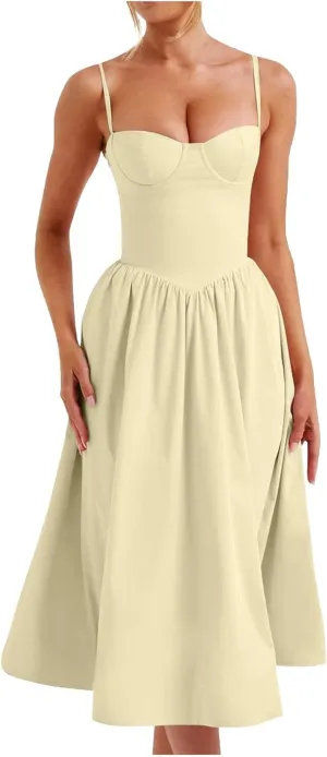 PTOLOCIF Corset Dress for Women Strap Bustier Midi Dresses Flowy Pleated Hem Corset Outdoor Dresses for Women