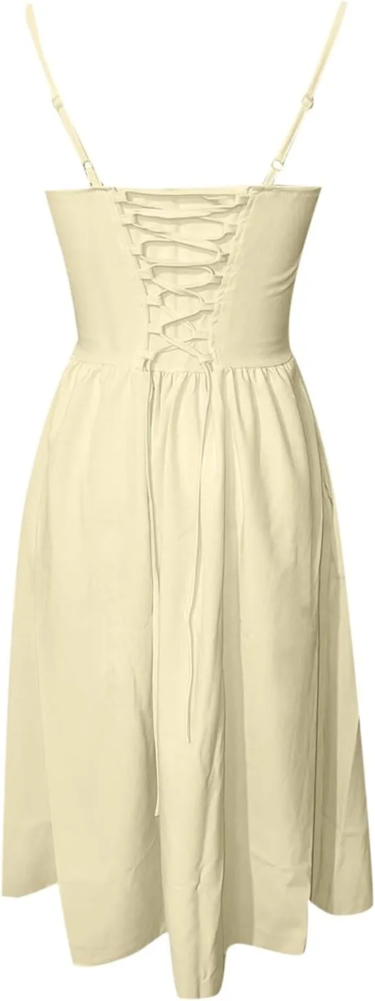 PTOLOCIF Corset Dress for Women Strap Bustier Midi Dresses Flowy Pleated Hem Corset Outdoor Dresses for Women