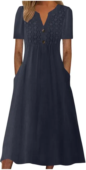 PTOLOCIF Midi Dresses for Women,Trendy Printed Short Sleeve Maxi Dress Casual Crewneck Basic Long T Shirt Dress with Pockets