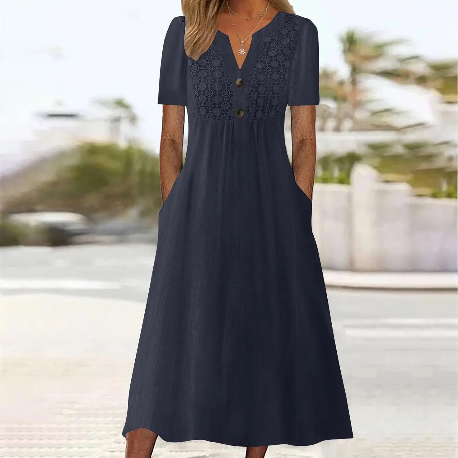 PTOLOCIF Midi Dresses for Women,Trendy Printed Short Sleeve Maxi Dress Casual Crewneck Basic Long T Shirt Dress with Pockets