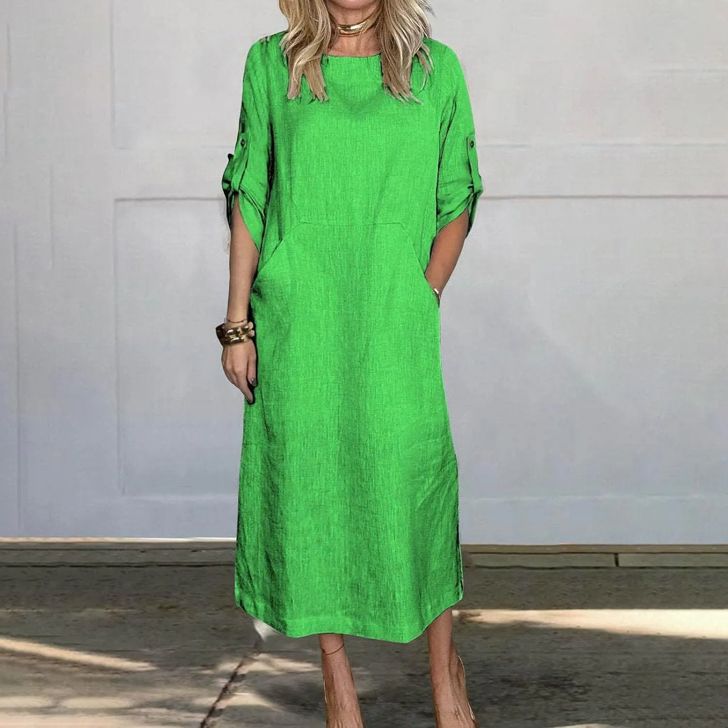 PTOLOCIF Summer Dresses for Women Crew Neck Half Short Sleeve T Shirt Dresses Solid Color Hem Beach Casual Shift Dress