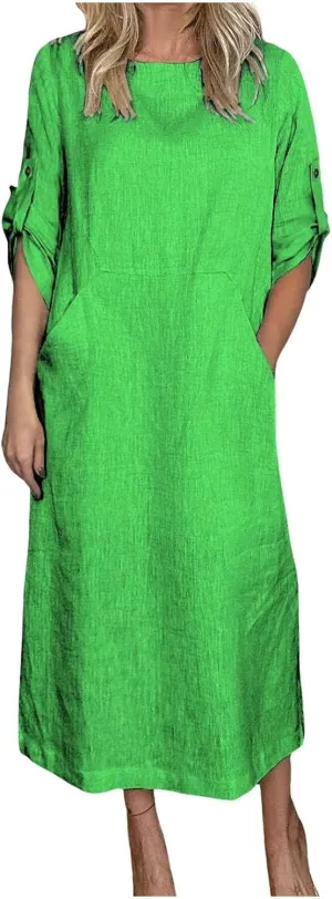 PTOLOCIF Summer Dresses for Women Crew Neck Half Short Sleeve T Shirt Dresses Solid Color Hem Beach Casual Shift Dress