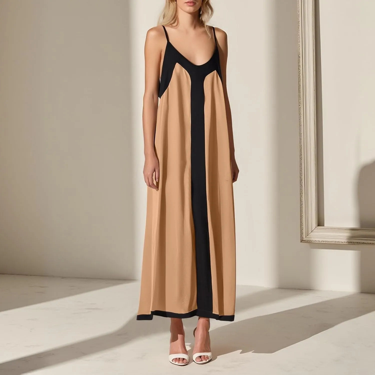 PTOLOCIF Summer Maxi Dresses for Women 2025 Trendy V Neck Spaghetti Strap Beach Sundress Flowy Elegant Holiday Party Dresses