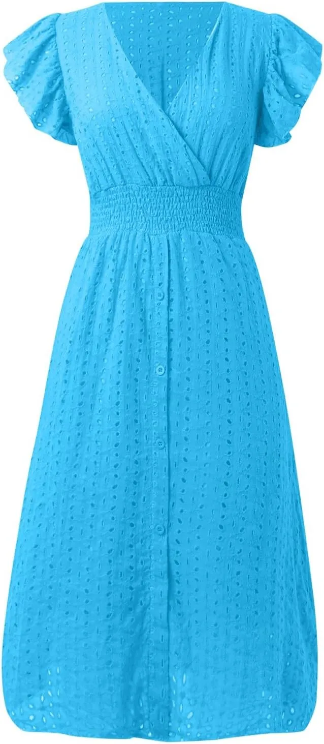 PTOLOCIF Wedding Guest Dresses for Women 2024 Trendy Eyelet Dresses Summer V Neck Ruffle Sleeve Party Dress a Line Boho Dress