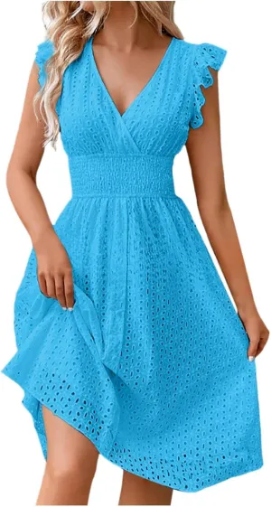 PTOLOCIF Wedding Guest Dresses for Women 2024 Trendy Eyelet Dresses Summer V Neck Ruffle Sleeve Party Dress a Line Boho Dress