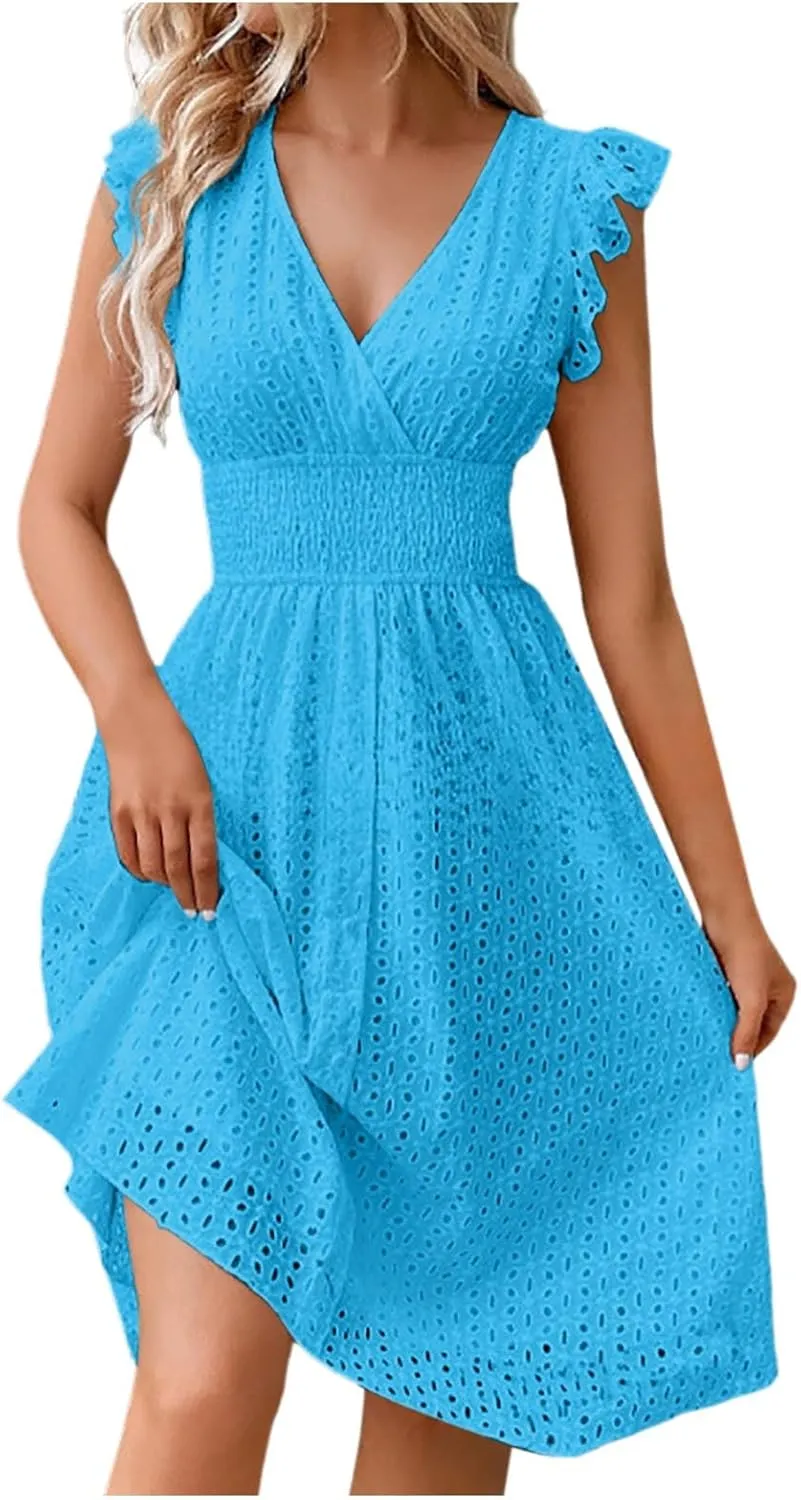 PTOLOCIF Wedding Guest Dresses for Women 2024 Trendy Eyelet Dresses Summer V Neck Ruffle Sleeve Party Dress a Line Boho Dress