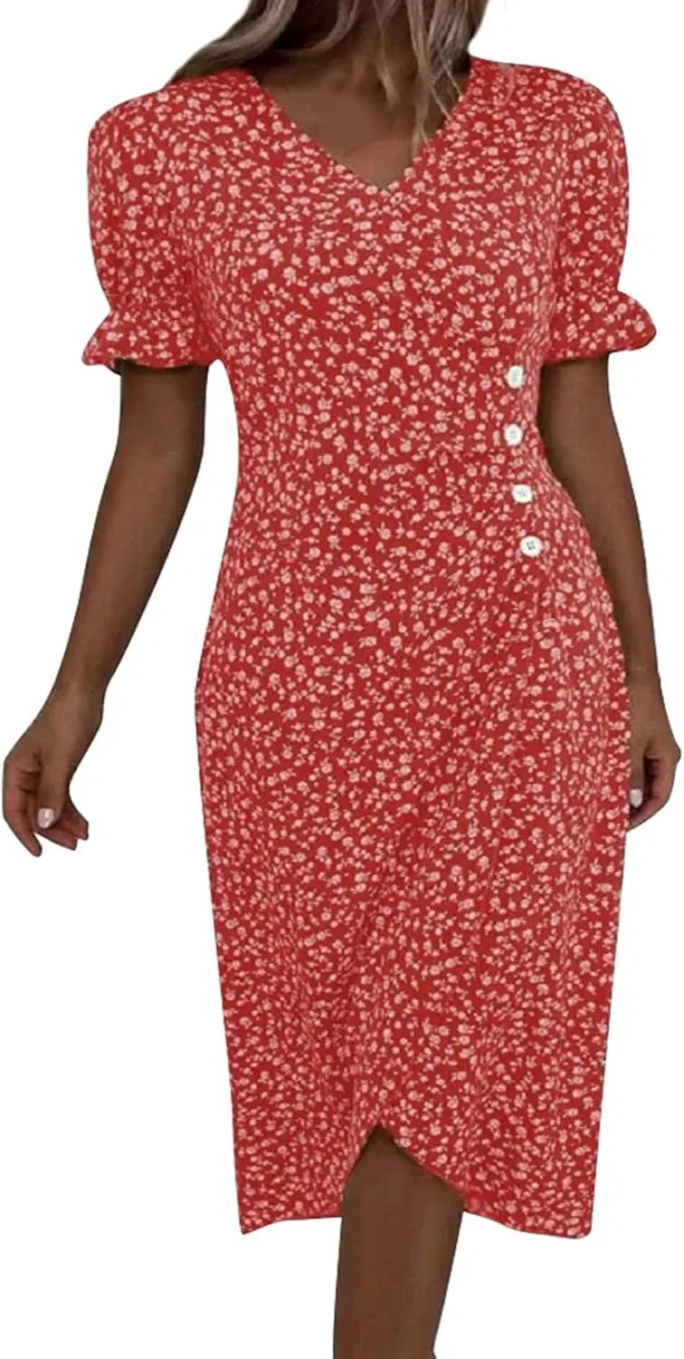 PTOLOCIF Wedding Guest Dresses for Women 2025 Trendy Floral Printed Party Dress Elegant Wrap V Neck Short Sleeve Midi Dress
