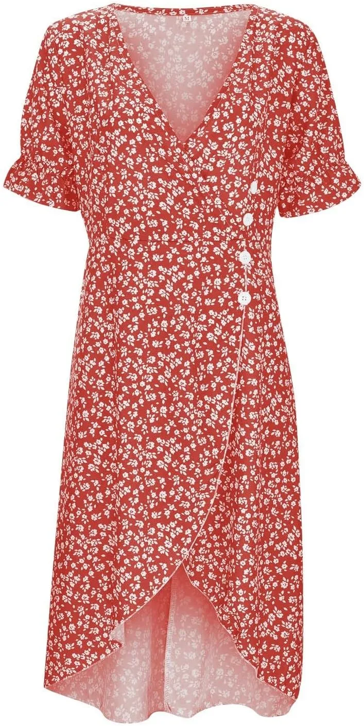 PTOLOCIF Wedding Guest Dresses for Women 2025 Trendy Floral Printed Party Dress Elegant Wrap V Neck Short Sleeve Midi Dress