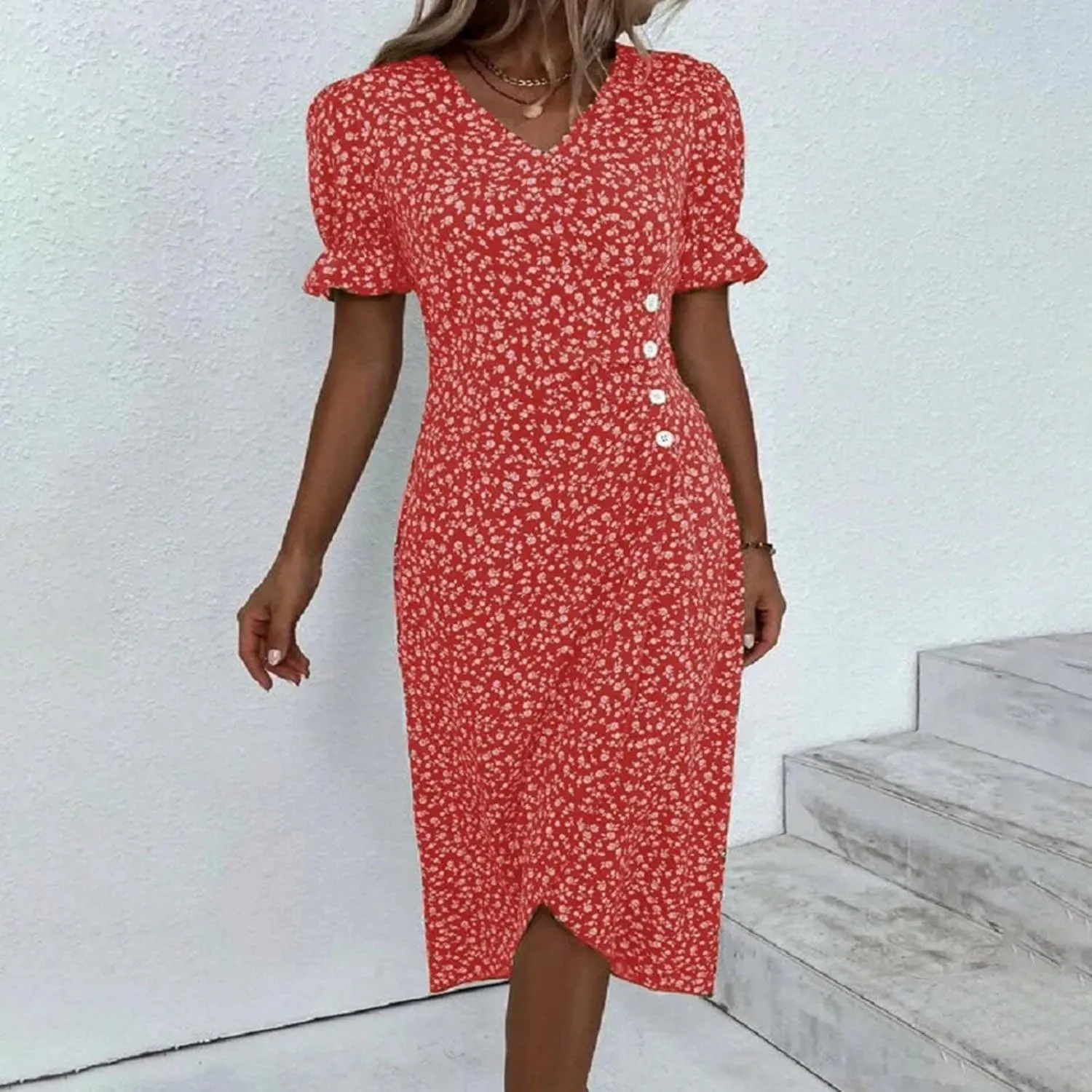 PTOLOCIF Wedding Guest Dresses for Women 2025 Trendy Floral Printed Party Dress Elegant Wrap V Neck Short Sleeve Midi Dress