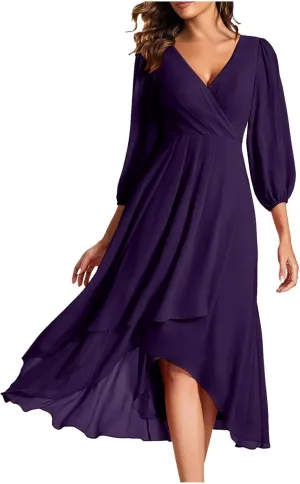 PTOLOCIF Wedding Guest Dresses for Women, Elegant Chiffon Party Long Dress Wrap V Neck Long Sleeve Pleated A-Line Flowy Dress