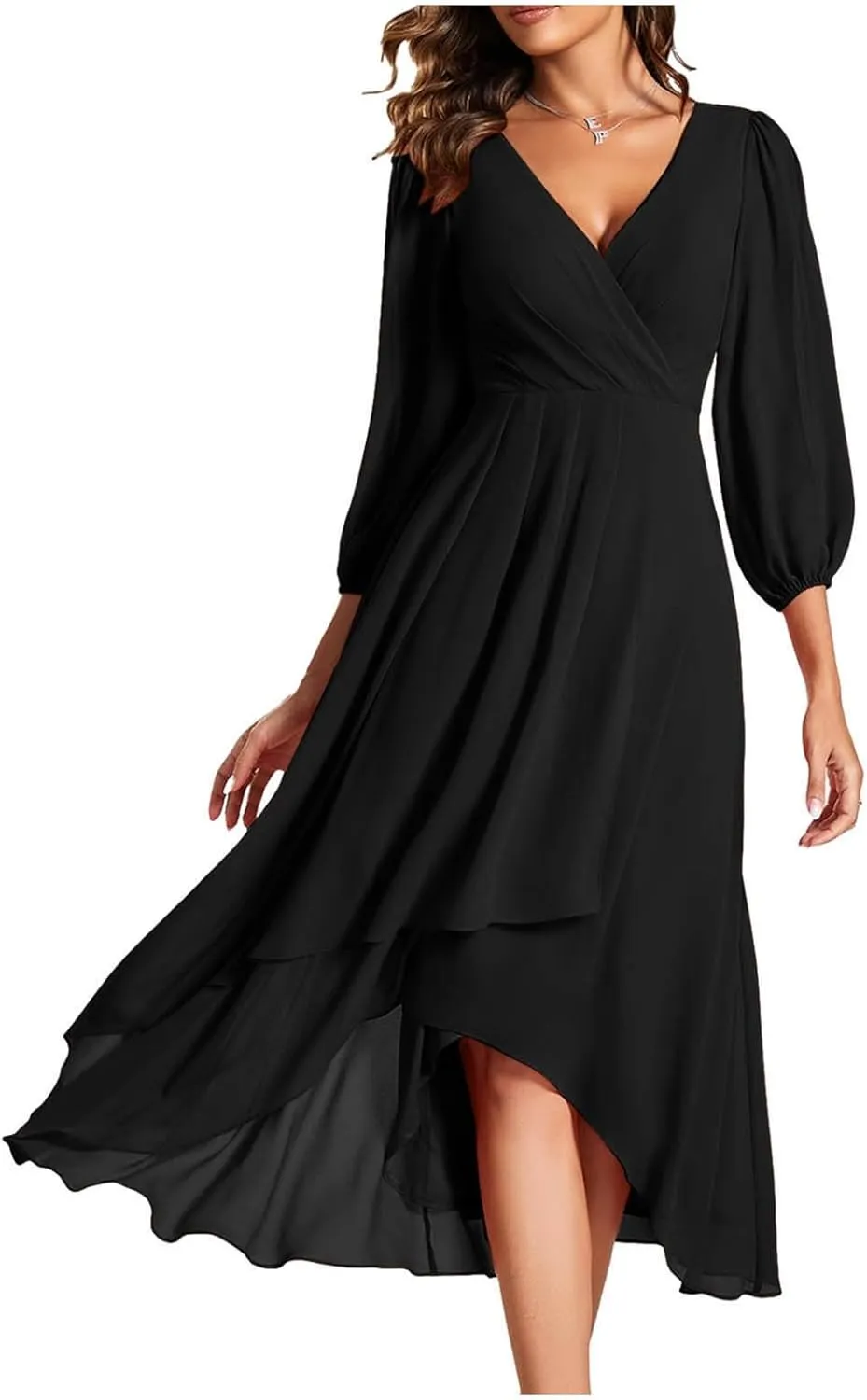 PTOLOCIF Wedding Guest Dresses for Women, Elegant Chiffon Party Long Dress Wrap V Neck Long Sleeve Pleated A-Line Flowy Dress