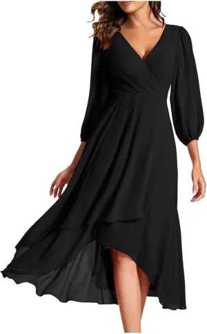PTOLOCIF Wedding Guest Dresses for Women, Elegant Chiffon Party Long Dress Wrap V Neck Long Sleeve Pleated A-Line Flowy Dress