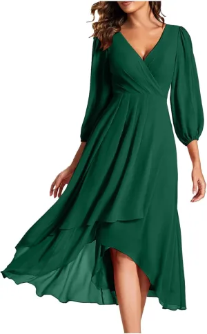 PTOLOCIF Wedding Guest Dresses for Women, Elegant Chiffon Party Long Dress Wrap V Neck Long Sleeve Pleated A-Line Flowy Dress
