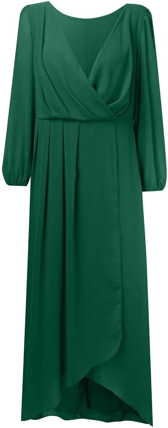PTOLOCIF Wedding Guest Dresses for Women, Elegant Chiffon Party Long Dress Wrap V Neck Long Sleeve Pleated A-Line Flowy Dress