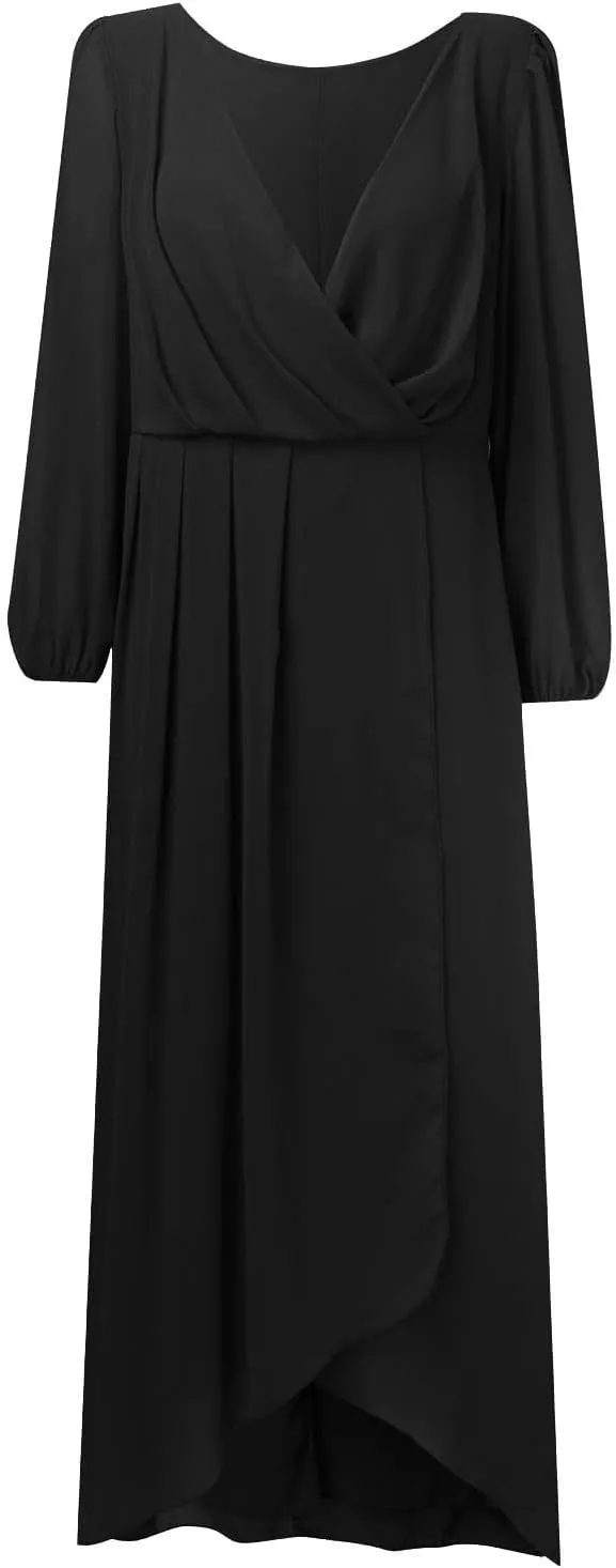 PTOLOCIF Wedding Guest Dresses for Women, Elegant Chiffon Party Long Dress Wrap V Neck Long Sleeve Pleated A-Line Flowy Dress