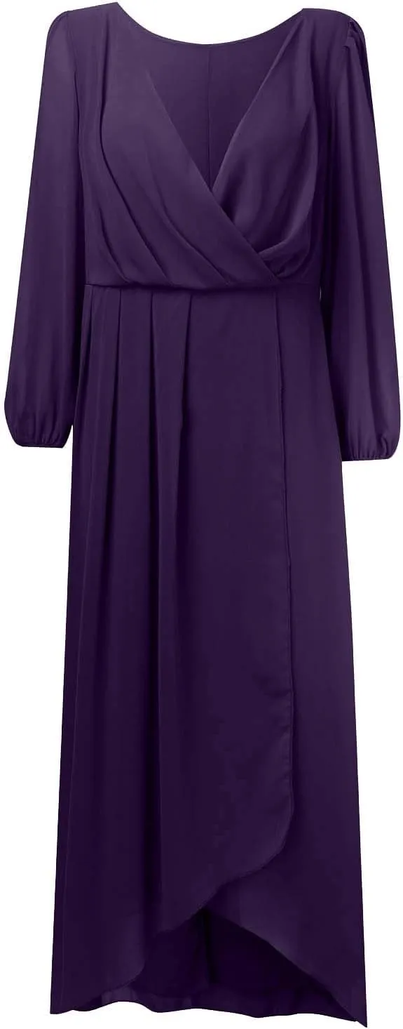 PTOLOCIF Wedding Guest Dresses for Women, Elegant Chiffon Party Long Dress Wrap V Neck Long Sleeve Pleated A-Line Flowy Dress