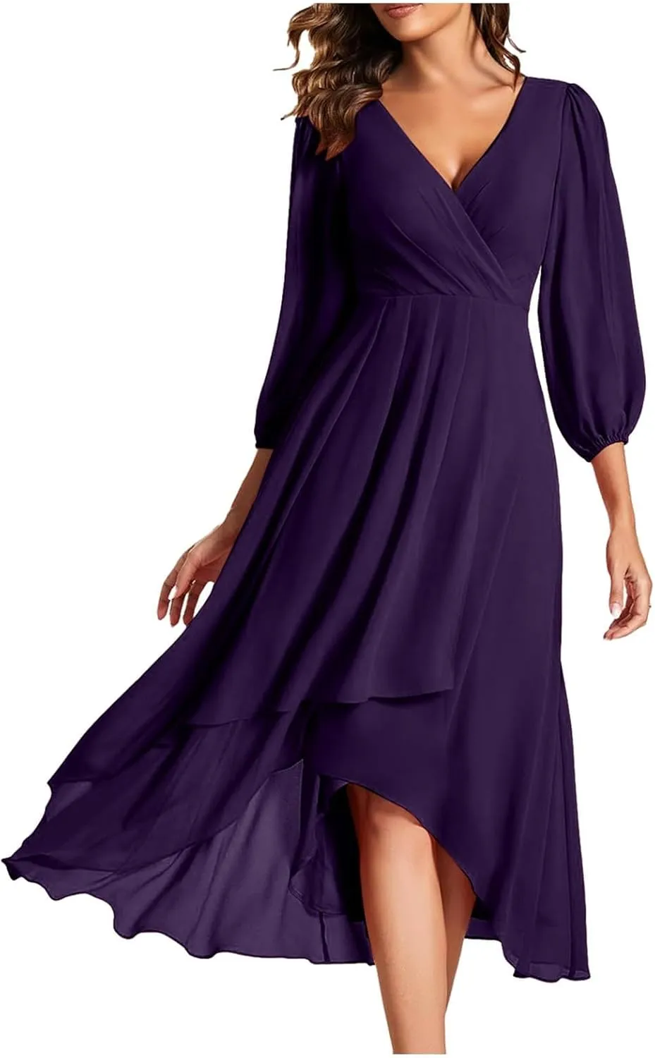 PTOLOCIF Wedding Guest Dresses for Women, Elegant Chiffon Party Long Dress Wrap V Neck Long Sleeve Pleated A-Line Flowy Dress