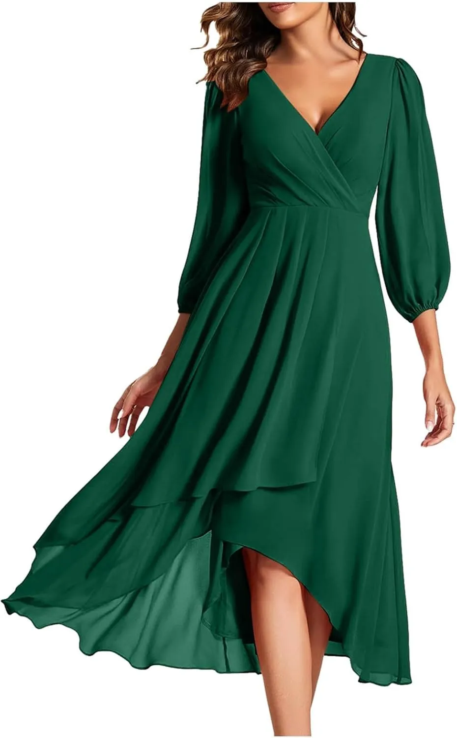 PTOLOCIF Wedding Guest Dresses for Women, Elegant Chiffon Party Long Dress Wrap V Neck Long Sleeve Pleated A-Line Flowy Dress