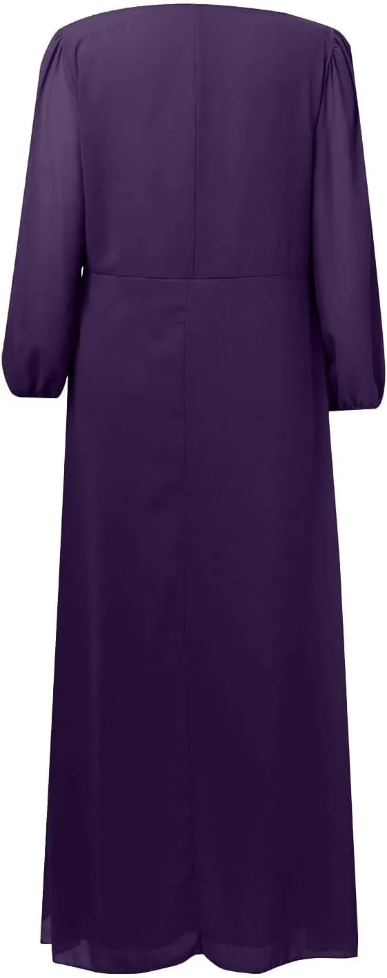 PTOLOCIF Wedding Guest Dresses for Women, Elegant Chiffon Party Long Dress Wrap V Neck Long Sleeve Pleated A-Line Flowy Dress