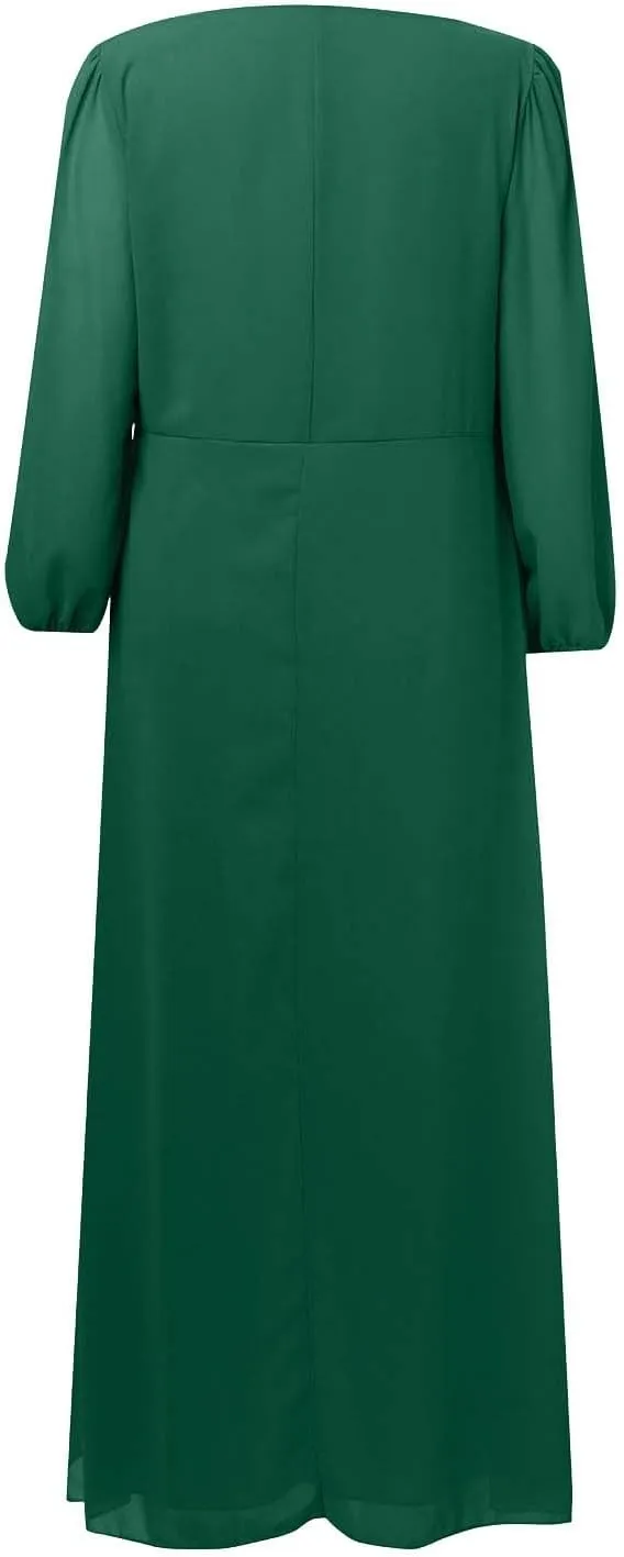 PTOLOCIF Wedding Guest Dresses for Women, Elegant Chiffon Party Long Dress Wrap V Neck Long Sleeve Pleated A-Line Flowy Dress