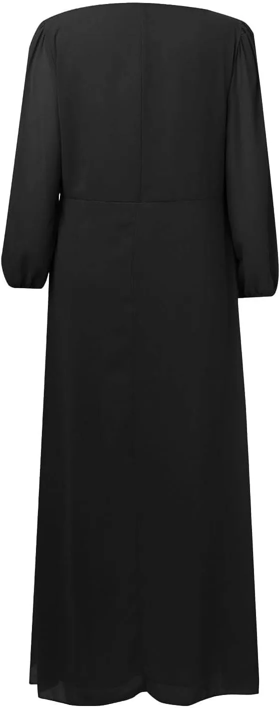 PTOLOCIF Wedding Guest Dresses for Women, Elegant Chiffon Party Long Dress Wrap V Neck Long Sleeve Pleated A-Line Flowy Dress