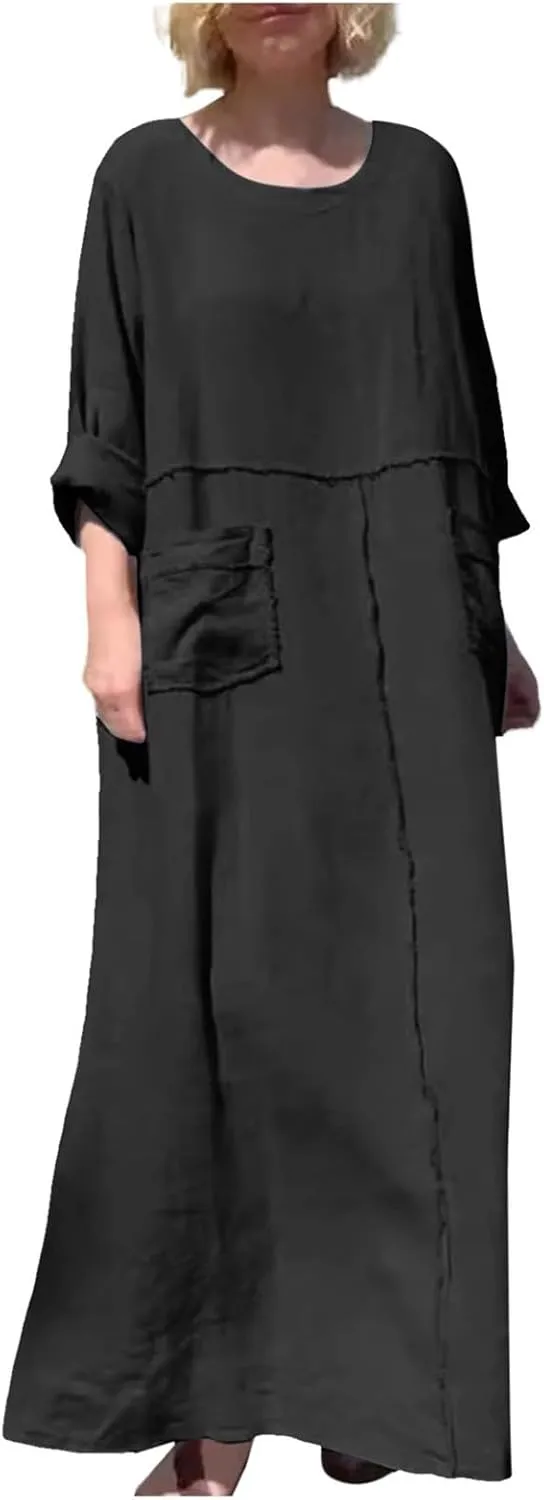 PTOLOCIF Womens Summer Cotton Linen Long Dress Half Sleeve Maxi Dresses O Neck Patchwork Shift Dress Flowy Vacation Sundress